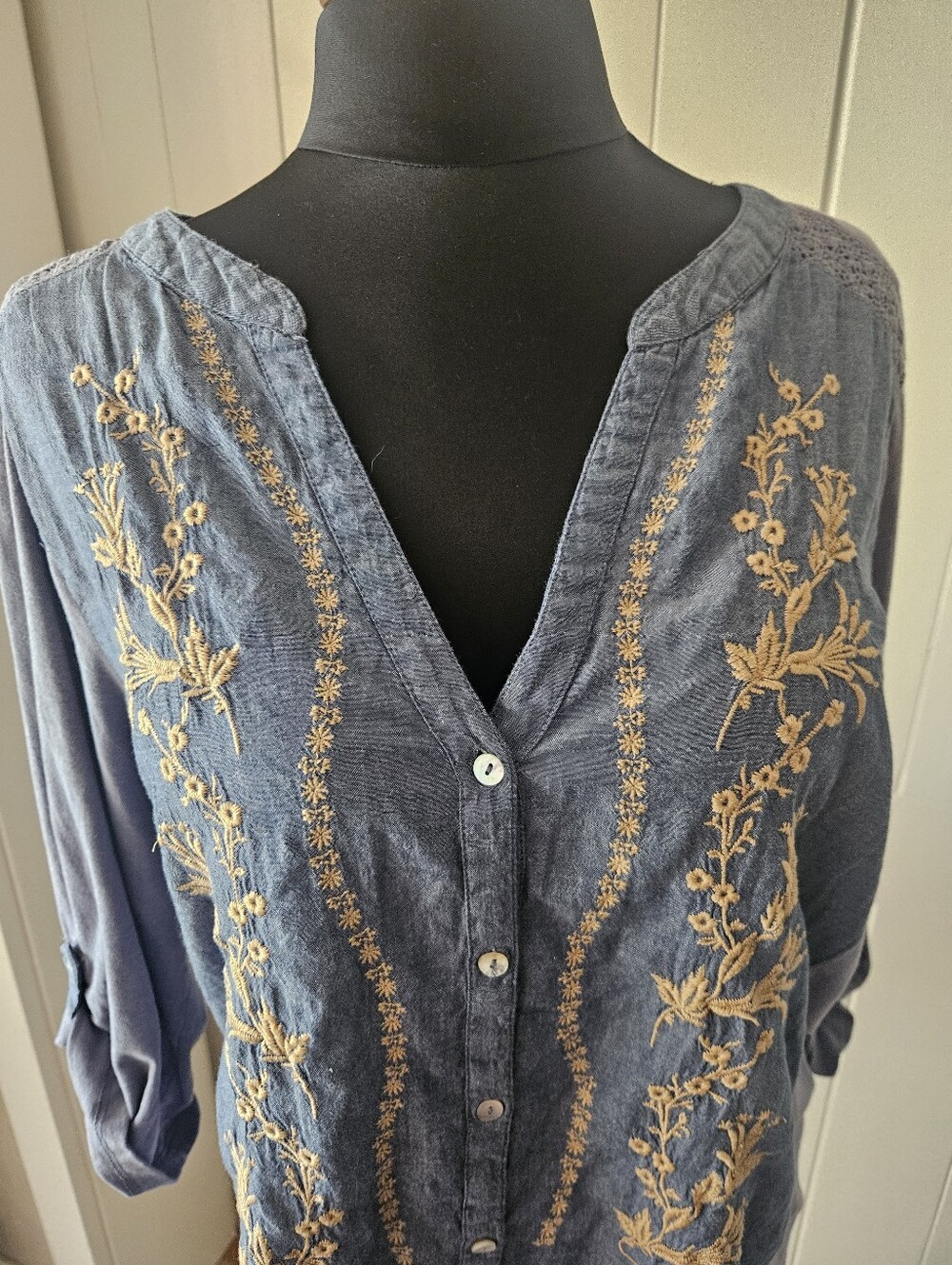 Denim Floral Embroidered Navy Button-Front Women's Shirt Boho Tunic